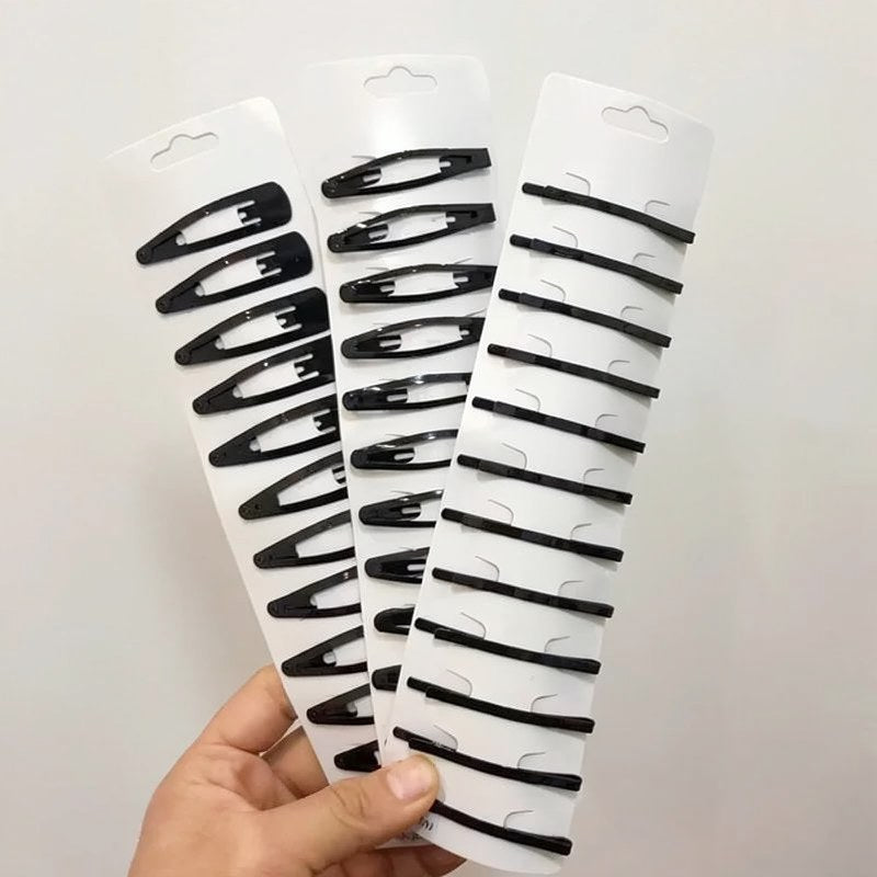 Classic Black Metal Hair Barrettes - Set of 12