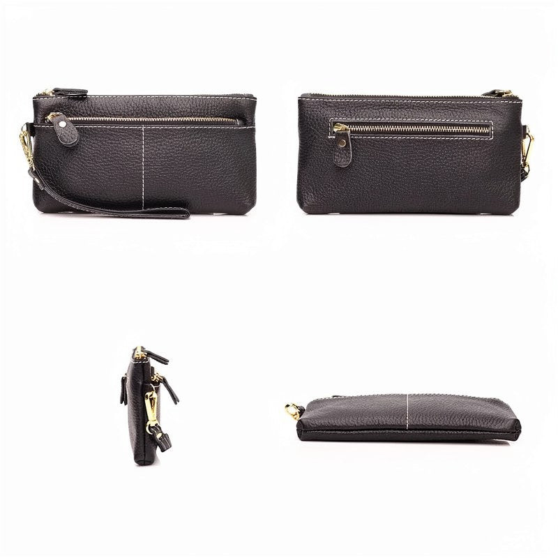 Genuine Cowhide Leather Long Wallet with Zipper Closure