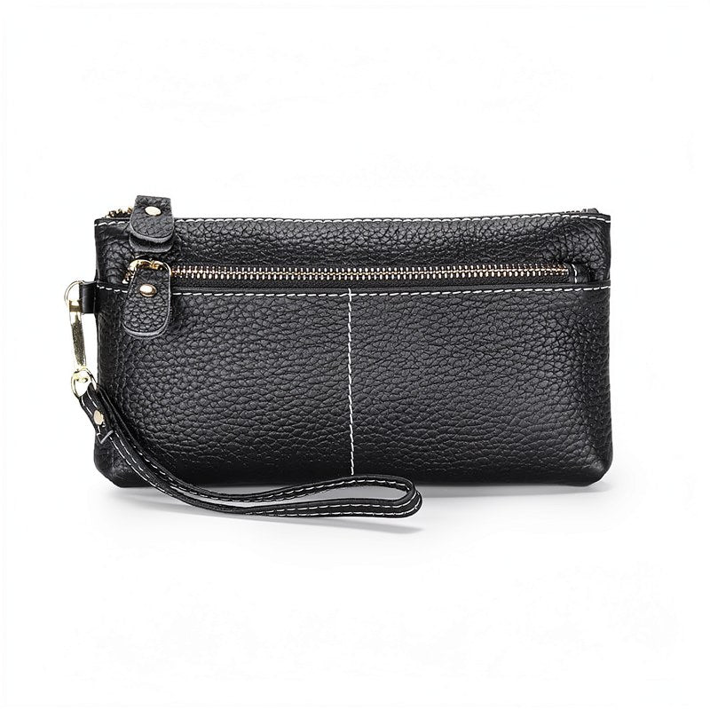 Genuine Cowhide Leather Long Wallet with Zipper Closure