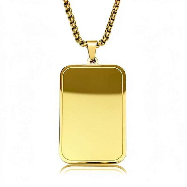 A gold stainless steel pendant necklace featuring a rectangular charm and a gold chain.