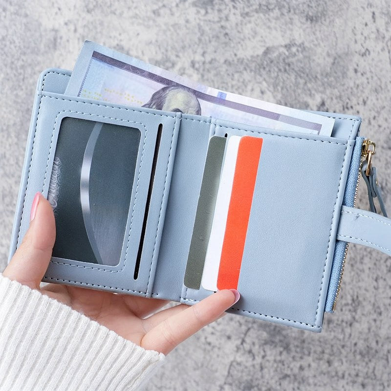 A hand holds a light blue leather clutch wallet with a zipper, displaying various cards and a colorful stripe design.