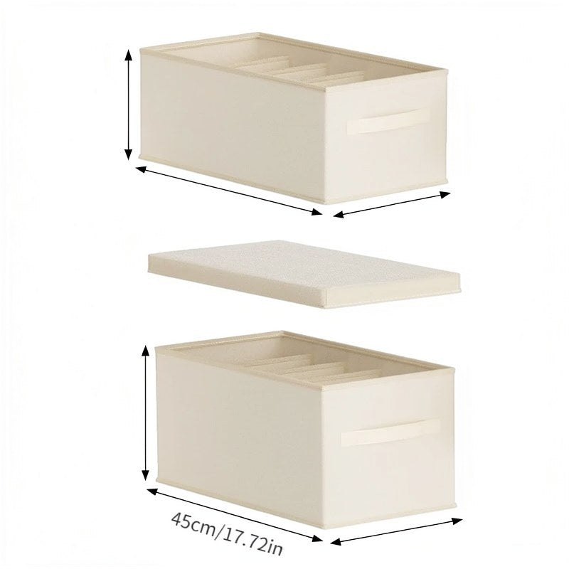Boîte organisatrice sac-dans-sac beige avec couvercle et compartiments, vue de dessus et de côté.