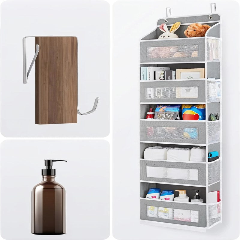 A gray over-the-door hanging organizer with five mesh pockets for storing toiletries and cosmetics.