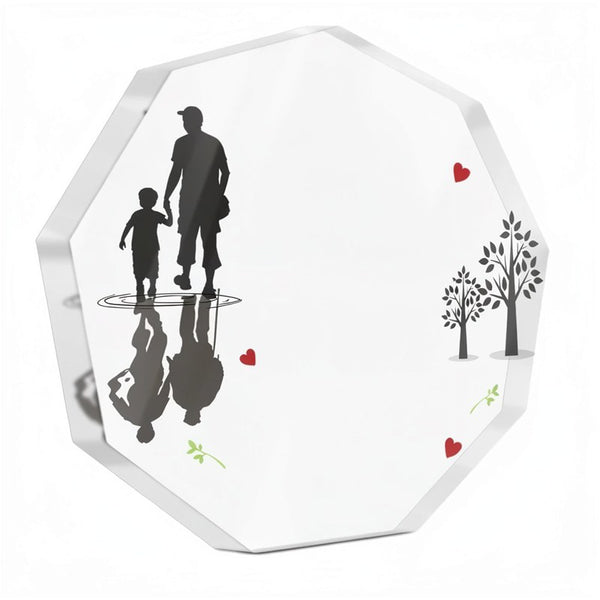 A modern acrylic wall sign featuring silhouettes of a father and child with reflections and small hearts.