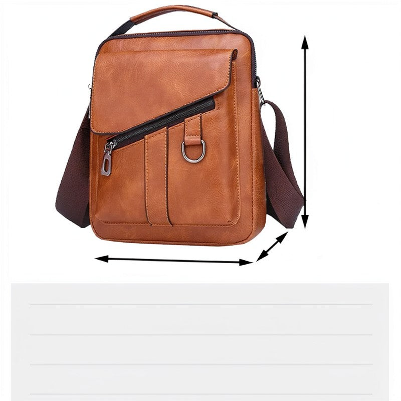 Sac bandoulière en cuir PU marron vintage, vue de face avec sangle et fermeture éclair.