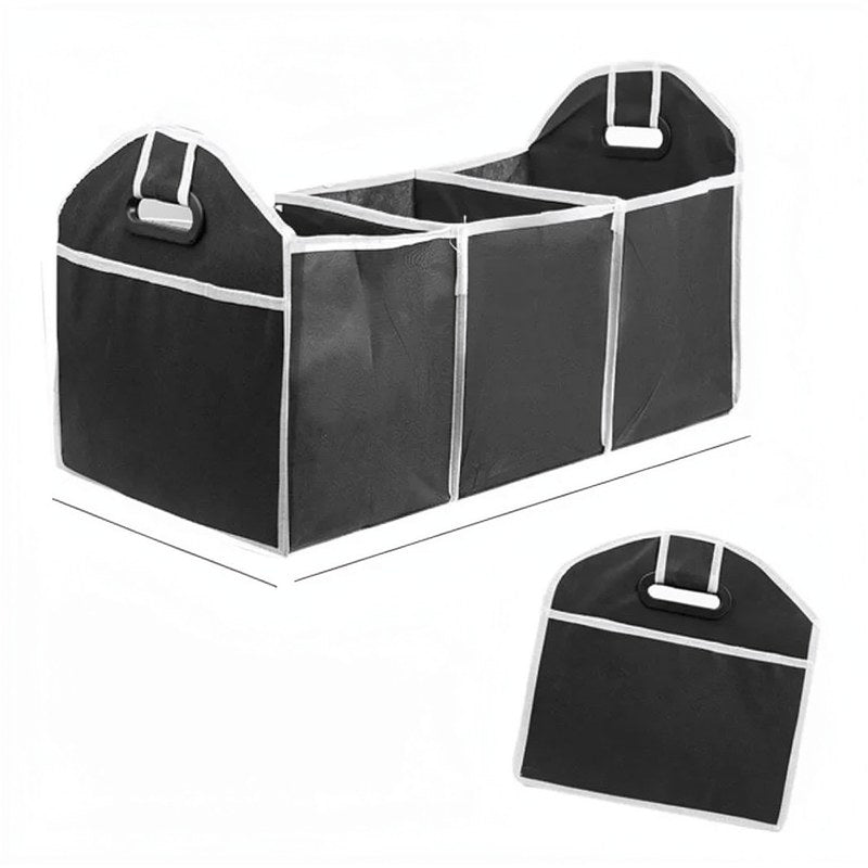 Organizador plegable para maletero de coche negro con compartimentos acolchados y asas