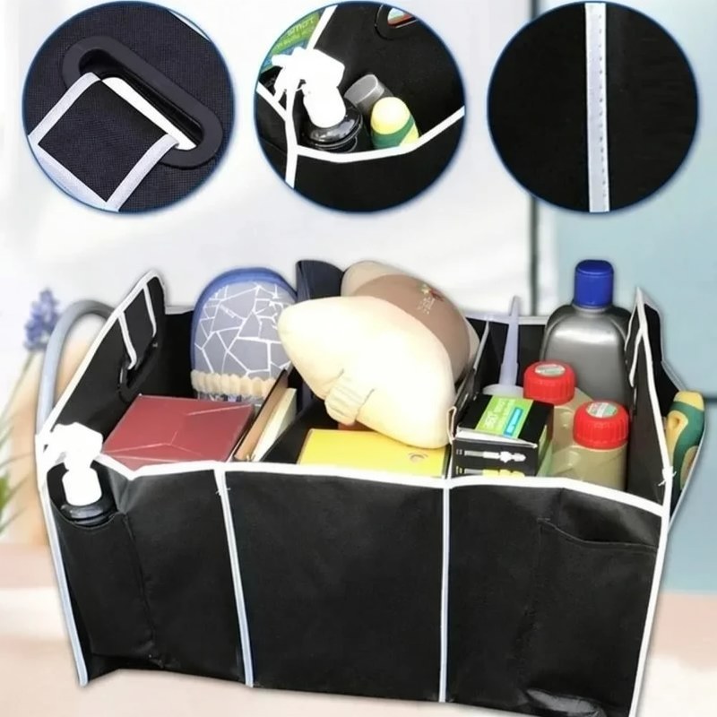 Organizador plegable para maletero de coche negro con compartimentos y herramientas de medición.
