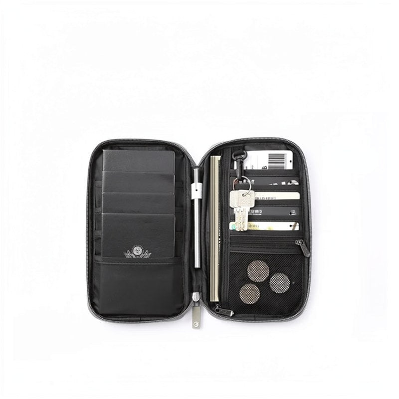 Black RFID-blocking travel passport holder with a detachable strap and various card slots.