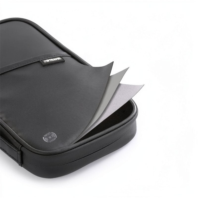 Black RFID-blocking travel passport holder with a detachable strap shown from above.