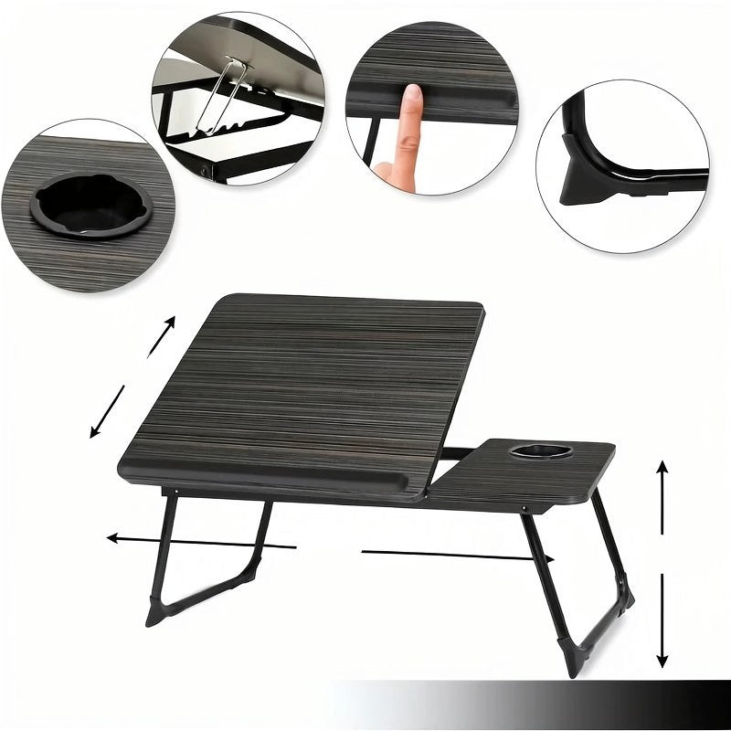 Escritorio portátil plegable para laptop, mostrando sus características y mecanismo de plegado.