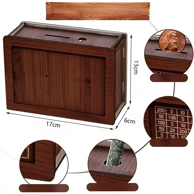 Hucha de madera natural con ranura para monedas y un rastreador de ahorros.