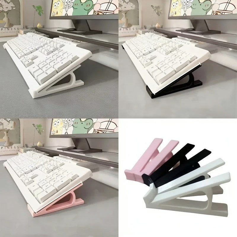 White and pink ergonomic keyboard risers with non-slip bases shown from multiple angles.