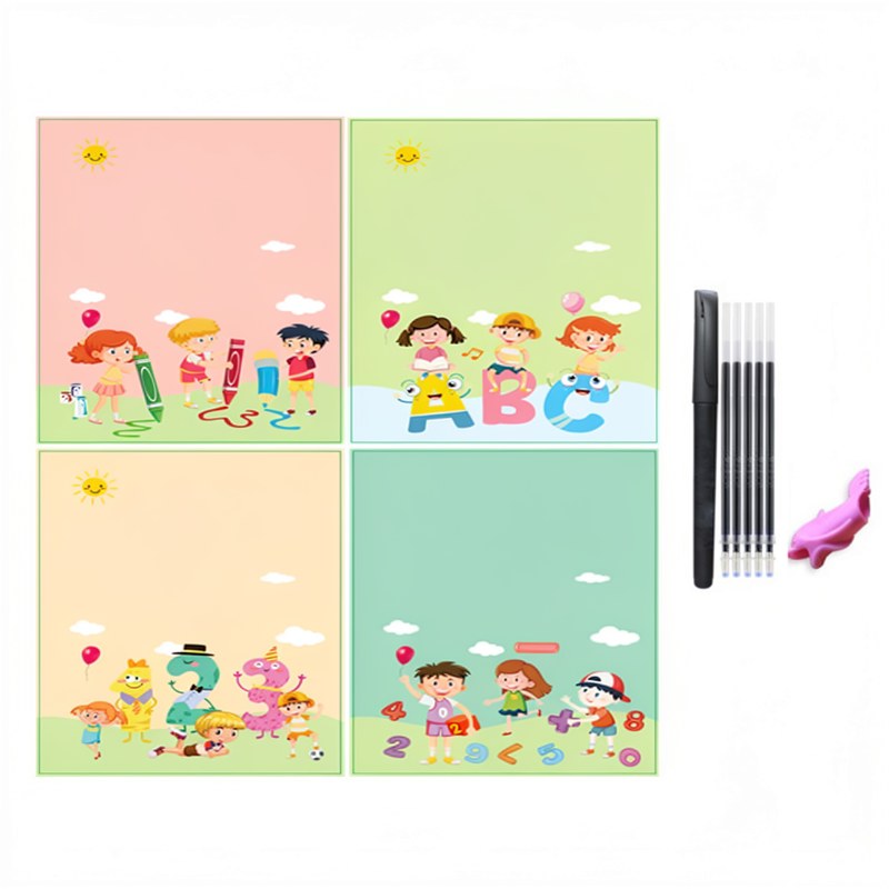 Un set de cuadernos reutilizables para escribir magia, con ilustraciones y letras coloridas para niños.