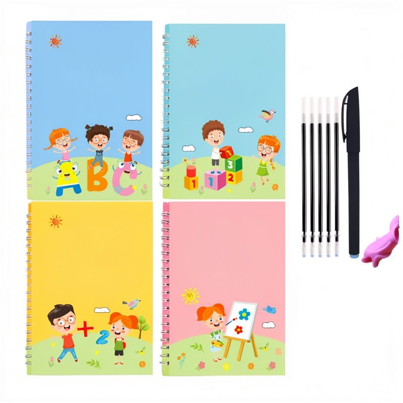 Un set de tres cuadernos reutilizables de escritura mágica y coloridos para niños, con ilustraciones y práctica de escritura.