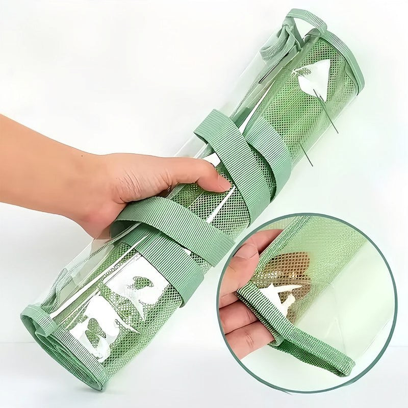 A hand holds a green mesh waterproof expandable document folder, showing its transparent and flexible design.