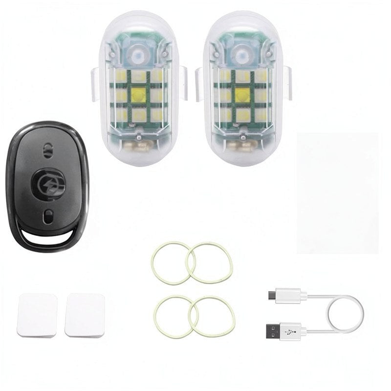 Un jeu de lumières d'avertissement LED à télécommande, comprenant deux unités lumineuses et une télécommande.