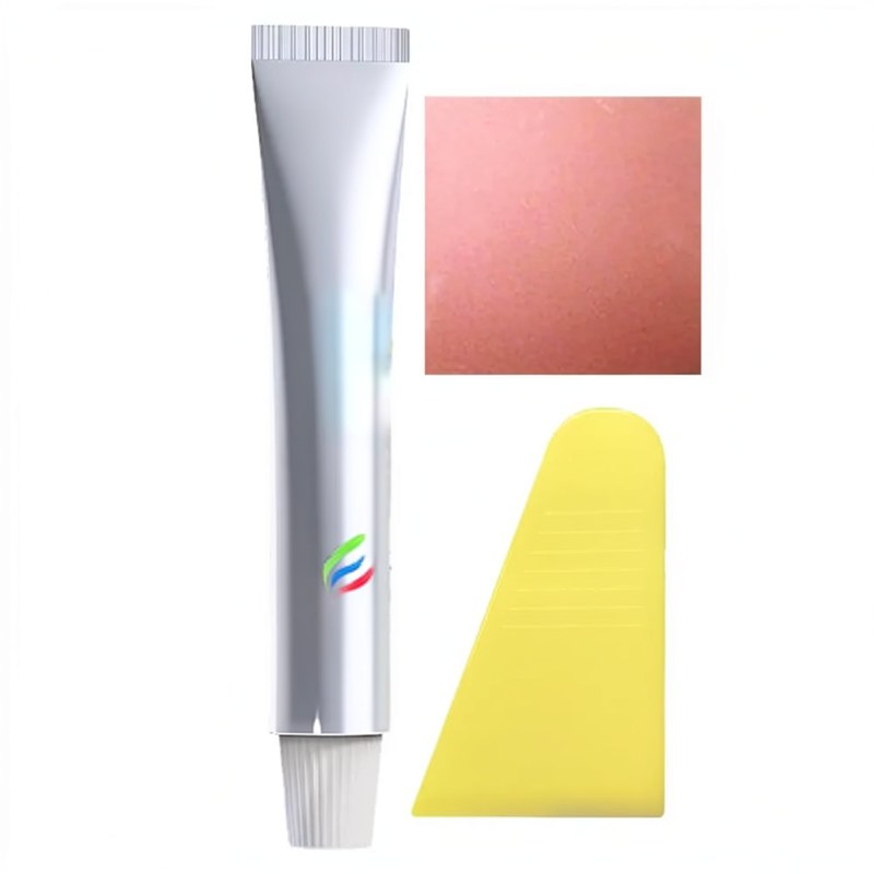 Tubo de corrector de arañazos para coche Quick-Dry con muestra cuadrada de color rosado-rojo y punta aplicadora amarilla.
