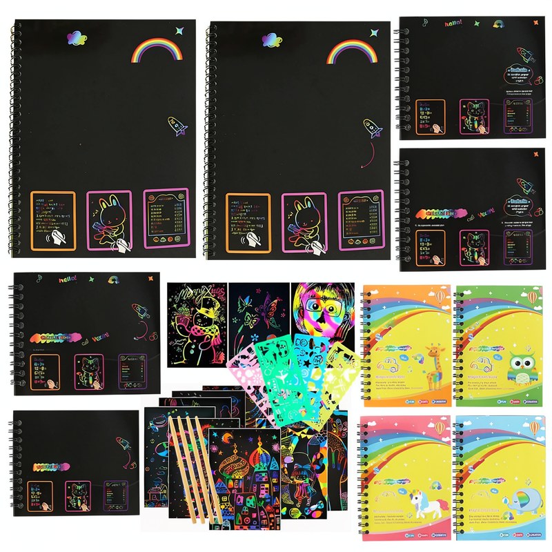 Collection de kits d'art à gratter colorés avec des thèmes arc-en-ciel et nature, avec des stylos en bois.