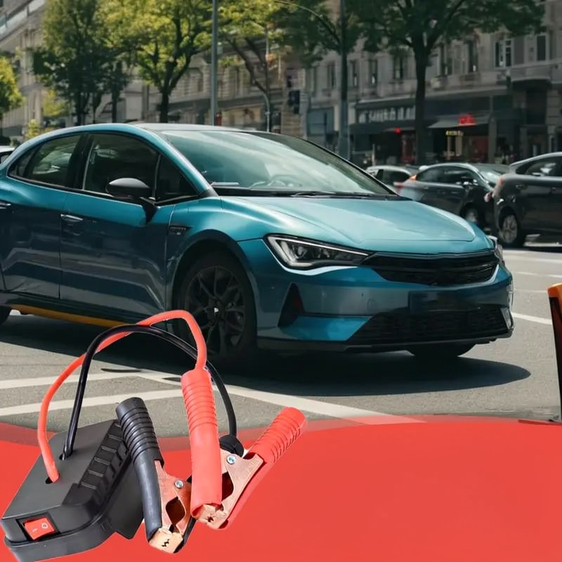 Appareil de démarrage portable pour voiture avec des câbles orange posés sur une surface rouge.