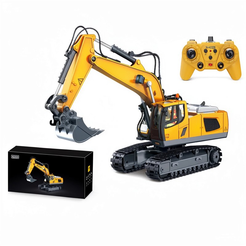 Excavadora y camión juguete amarillo con control y mando de juego visible.
