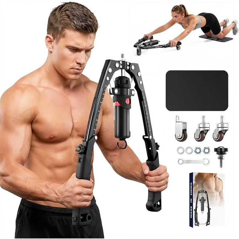 Un hombre musculoso demuestra un entrenador de fuerza hidráulico ajustable, mostrando su uso y componentes.