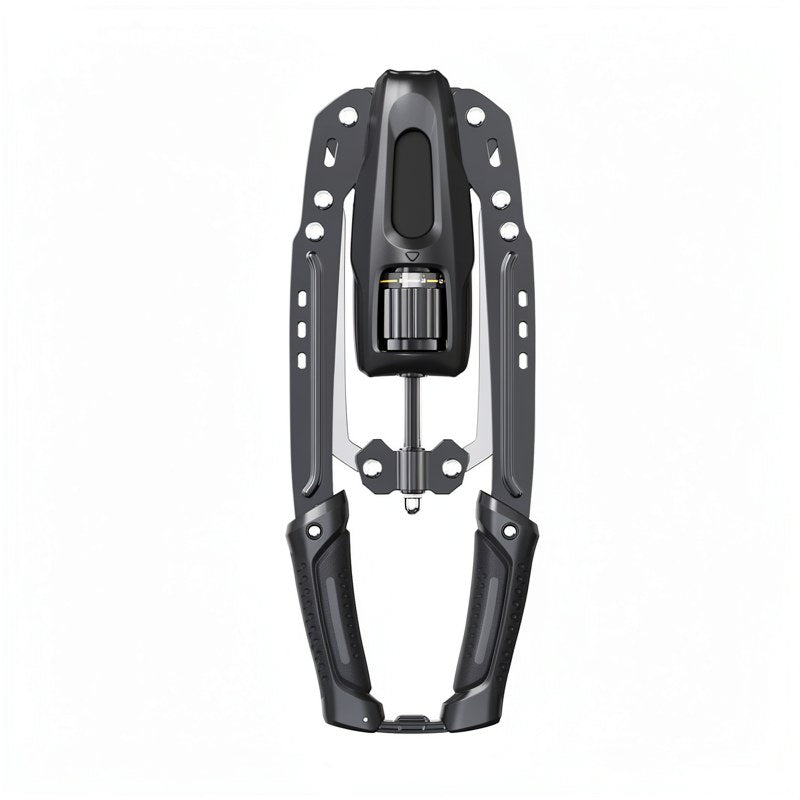 Entrenador hidráulico ajustable negro con brazo vertical y brazos de apoyo.