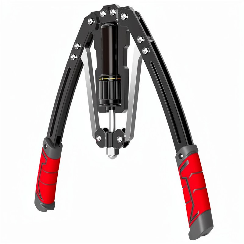 Entrenador de fuerza con brazo hidráulico ajustable negro y agarres rojos y mecanismo central.