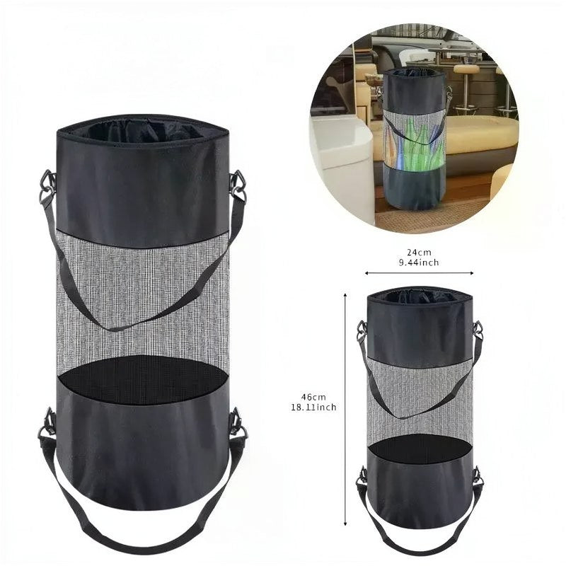A portable black mesh trash bag with a carabiner clip shown in various sizes.