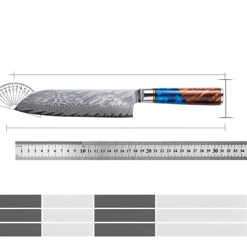 A close-up view of a Damascus steel chef's knife showing the blade, handle, and scale markings.
