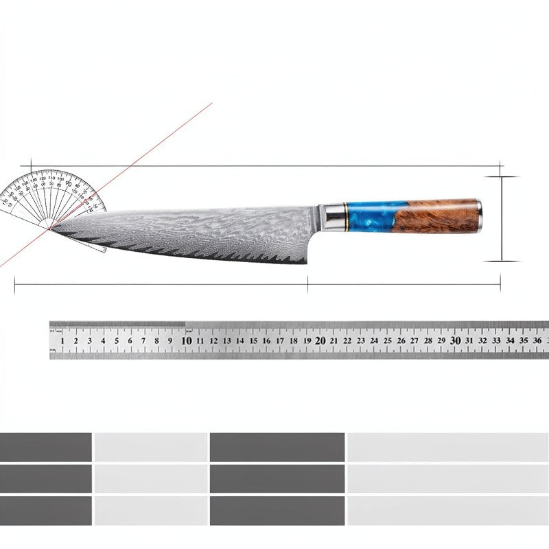 A long, thin Damascus steel chef's knife with a wooden handle shown next to a ruler for scale.