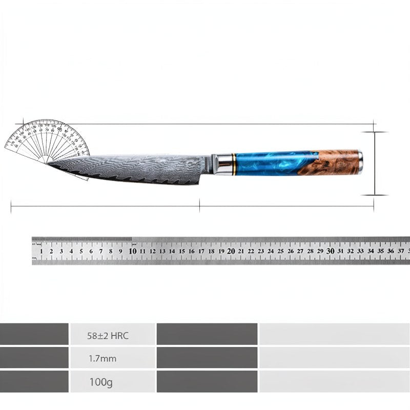 A close-up view of a Damascus steel chef's knife with a wooden handle and a blue blade edge, shown next to a ruler.