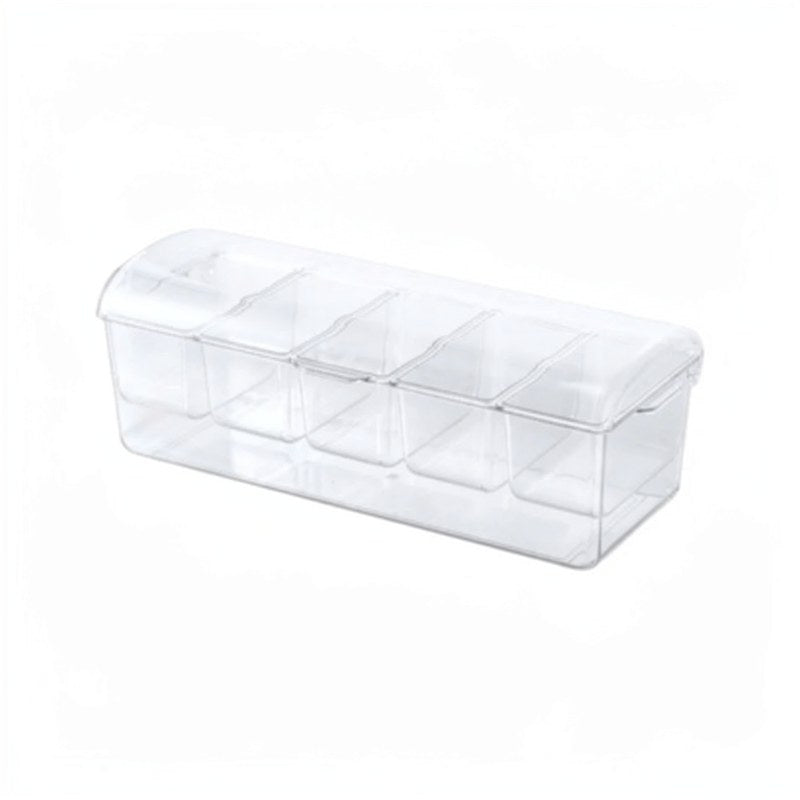 Clear plastic 5-compartment chilled condiment server with an ice base