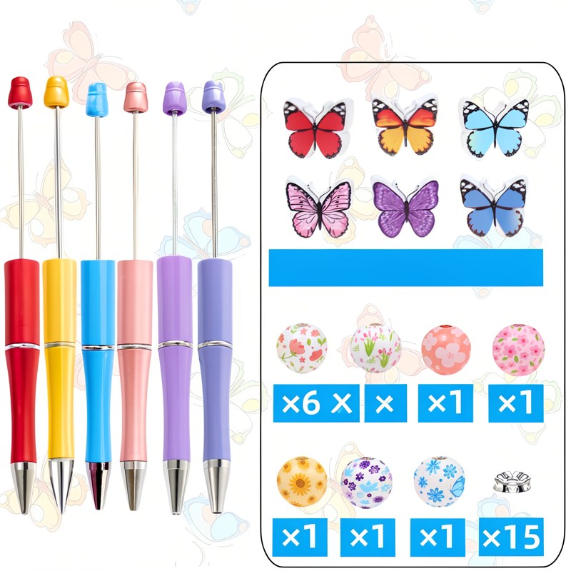 Set de Bolígrafos con Cuentas de Mariposa Arcoíris y Flores