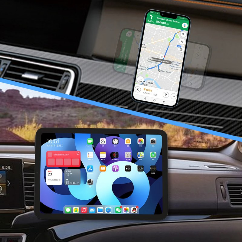 Support magnétique mince pour téléphone de voiture, affichant une carte sur un smartphone et une interface numérique sur une 