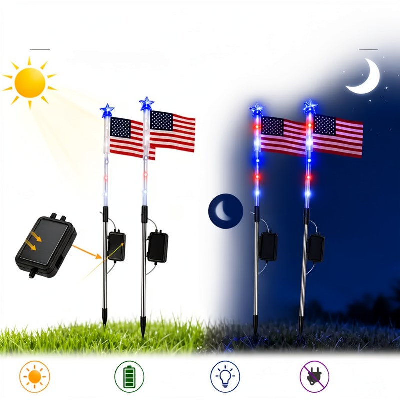 Solar-Powered LED American Flag Pathway Lights