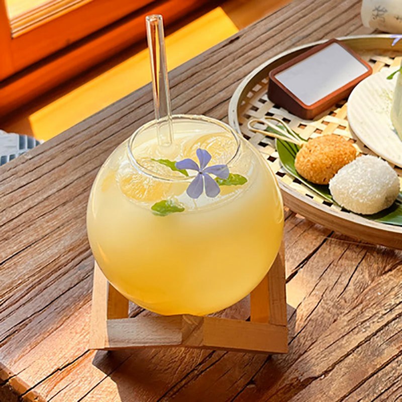 Verre à Cocktail Sphérique en Verre avec Base en Bois
