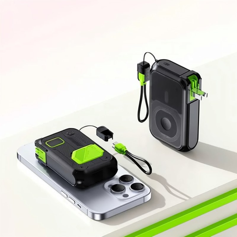 A black rugged power bank with a green accent is shown next to a silver smartphone.