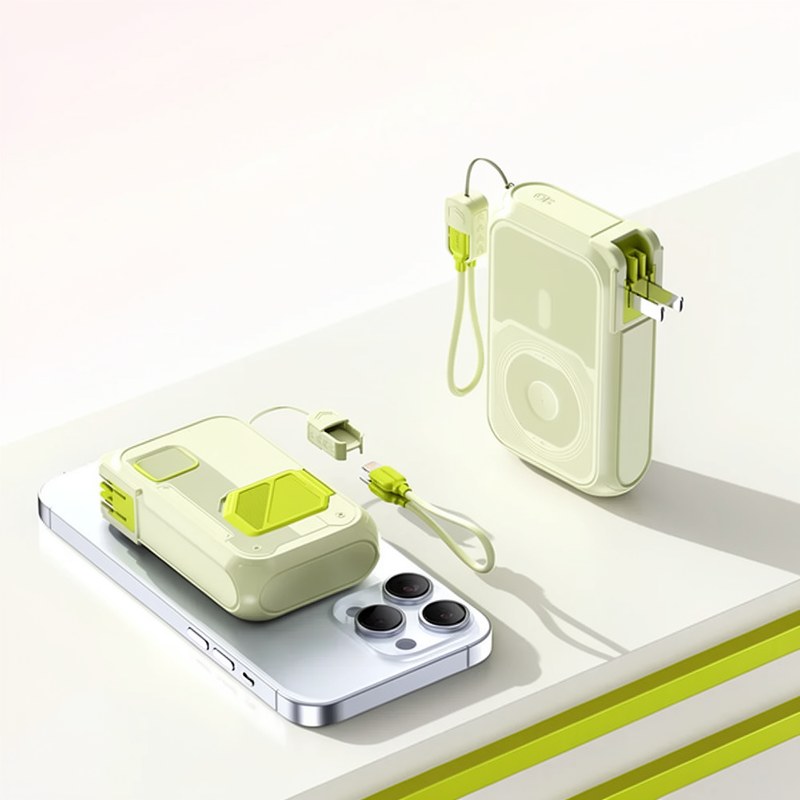 A beige power bank with a wireless charging cable is shown next to a smartphone.