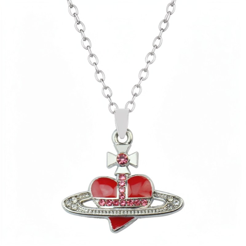 Rhinestone Heart & Saturn Pendant Jewelry Set