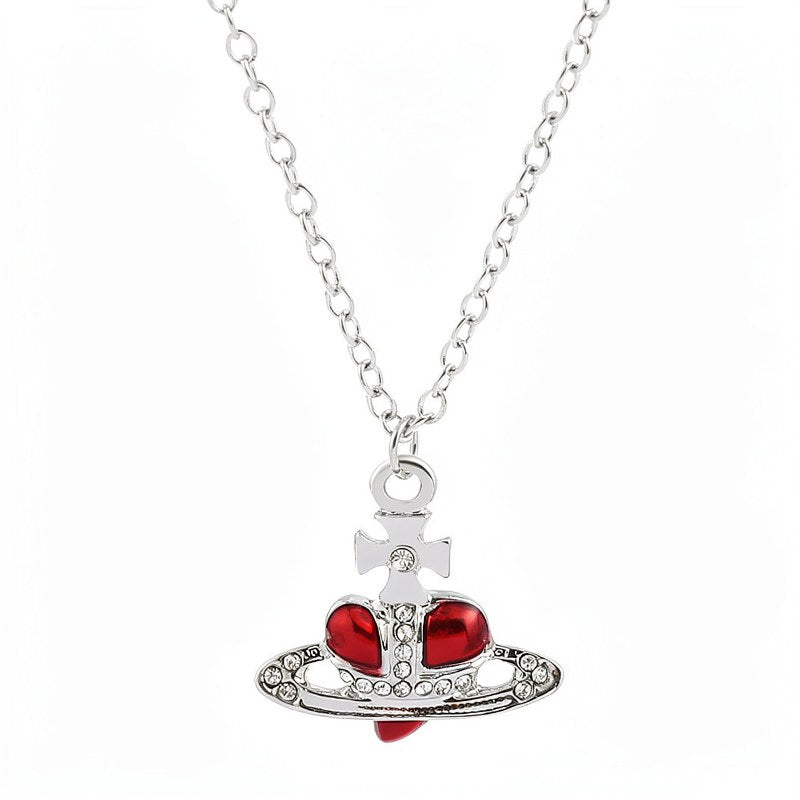 Rhinestone Heart & Saturn Pendant Jewelry Set