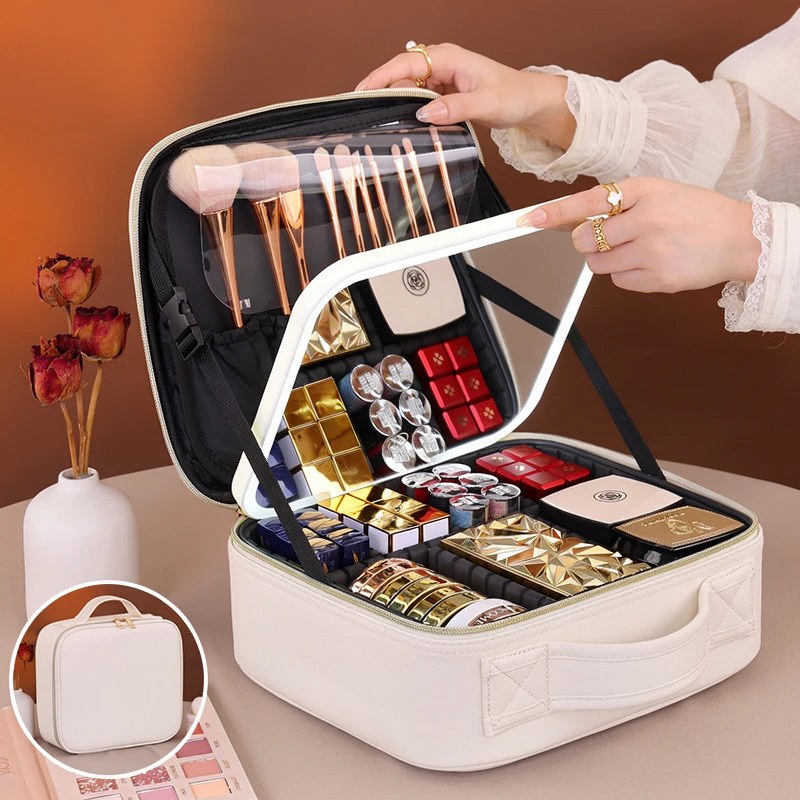 Travel Makeup Bag with USB-Powered LED Mirror