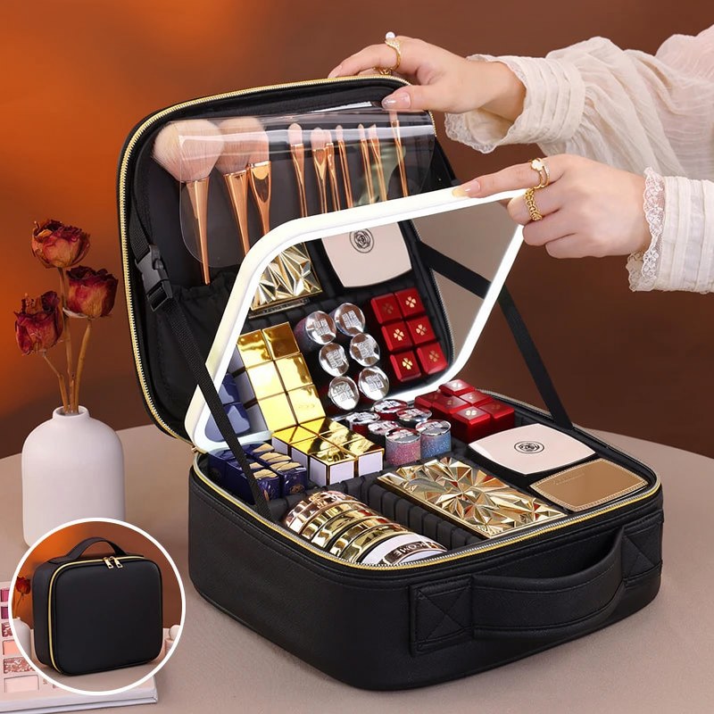 Travel Makeup Bag with USB-Powered LED Mirror