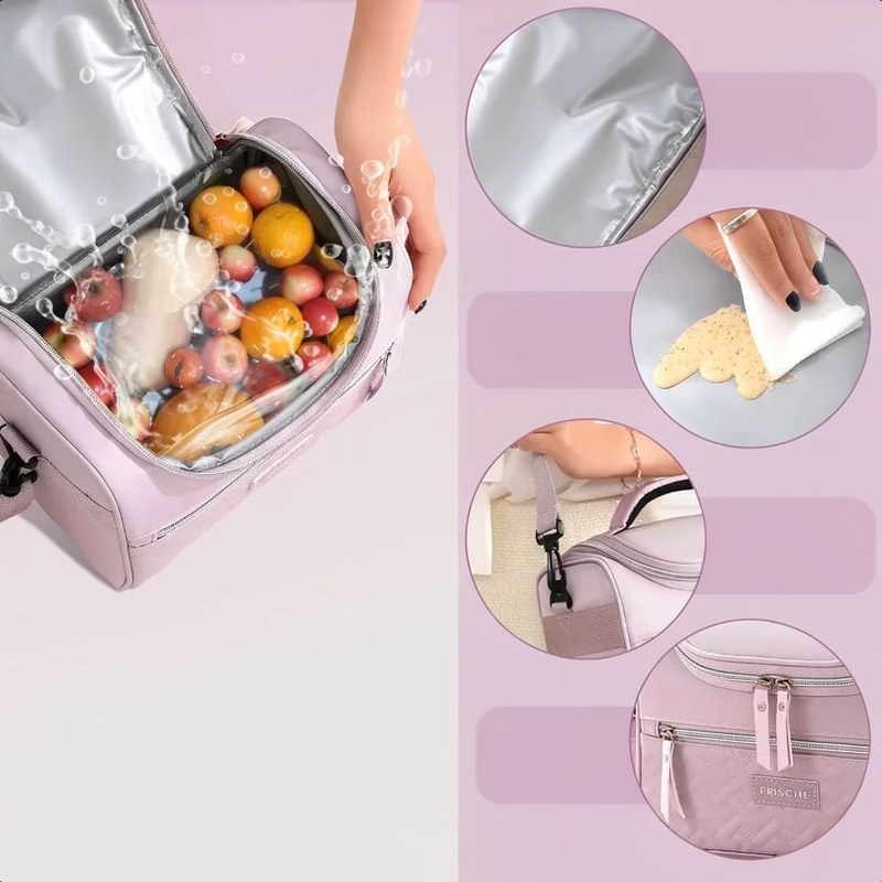 Bolsa térmica rosa abierta, llena de fruta fresca y sándwich, con detalles de la bolsa.