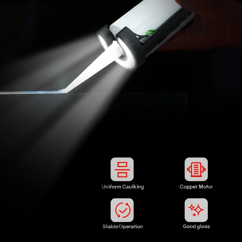 A cordless electric caulking gun with an LED light emitting a bright beam onto a surface.