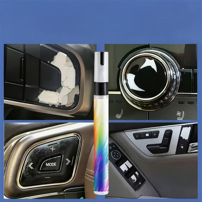 A precision car paint touch-up pen is shown in various close-up shots demonstrating its use on a car surface.