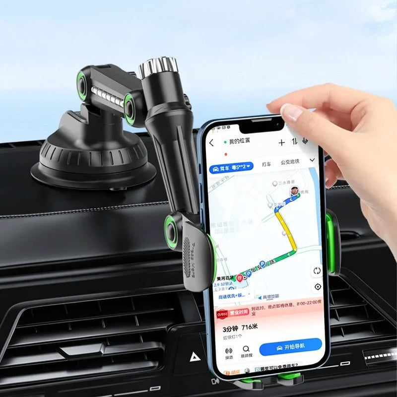 Sujetador universal negro para teléfono en parrilla del coche, con smartphone mostrando navegación