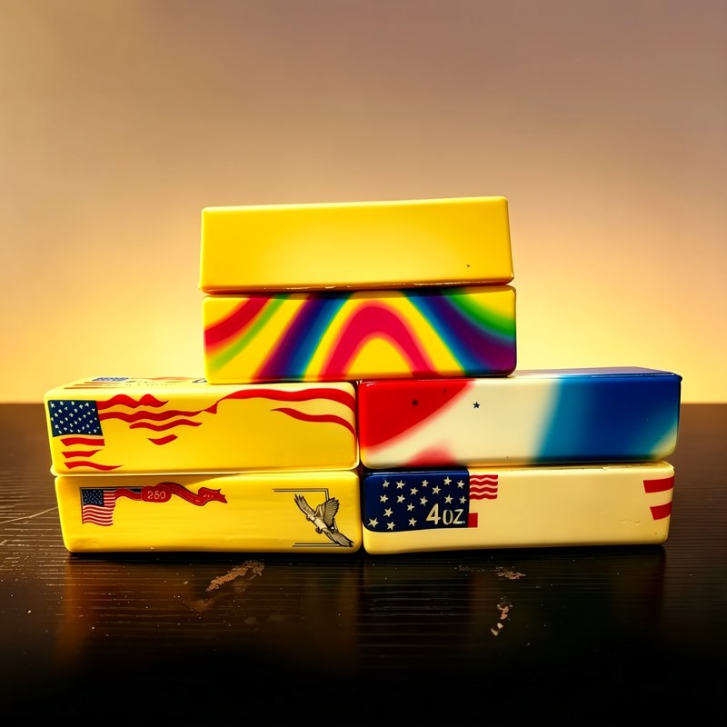 A stack of colorful rainbow fidget sticks, including yellow and blue designs, resting on a dark surface.