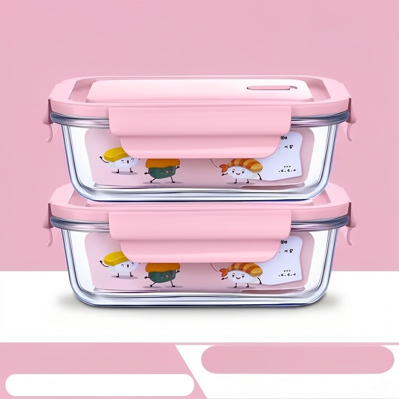 Dos recipientes de vidrio borosilicato herméticos rosados con ilustraciones de animales lindos dentro