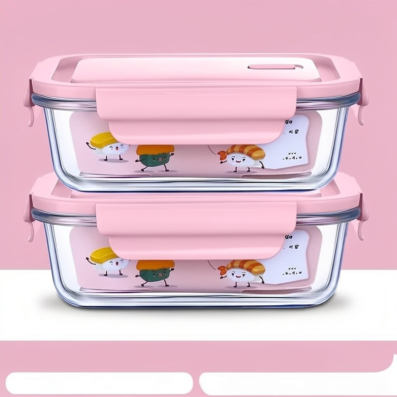 Dos recipientes de vidrio borosilicato rosa herméticos con ilustraciones de animales lindos dentro