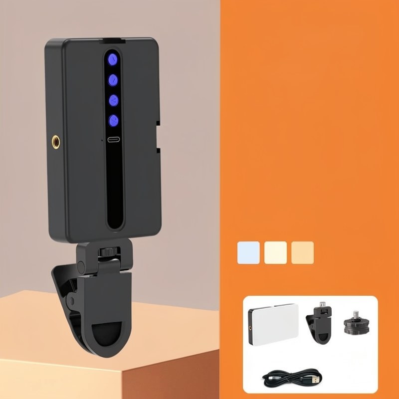 ضوء جيب (فلاش) محمول يعمل بتقنية RGB LED باللون الأسود مع ملحقاته ومكوناته.